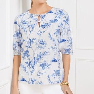 Talbots Puff Sleeve Tie-Front Blouse Women’s Size 2X Chinoiserie Floral Blue